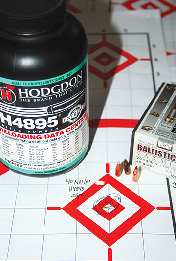 Nosler’s 40-grain Ballistic Tip Varmint posted a sub-1⁄2-inch group using 26 grains of versatile Hodgdon 4895. Muzzle velocity was also respectable, hitting 3,825 fps. H-4895 should make a great all-around 204 Ruger powder.